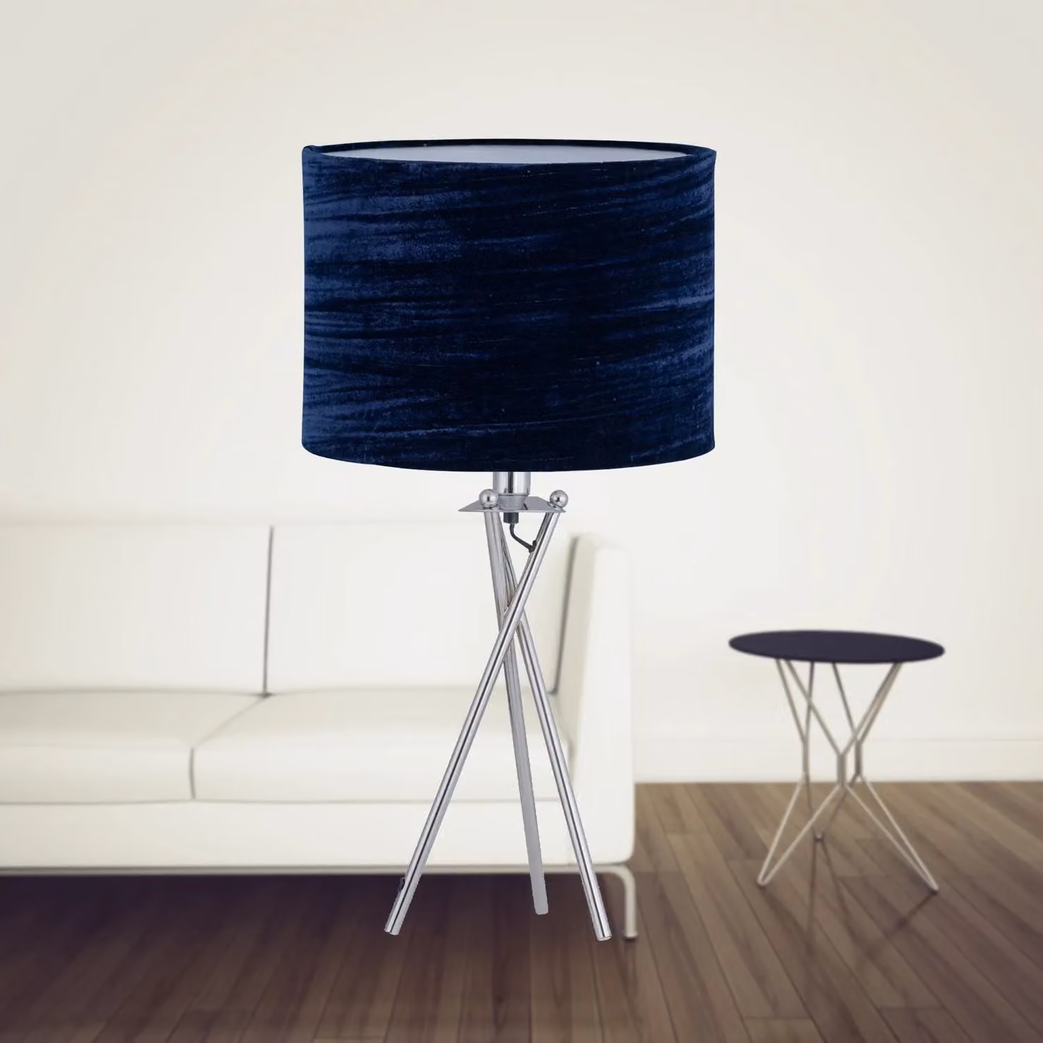 First Choice Lighting Chrome Tripod Table Lamp with Blue Fabric Shade – 2