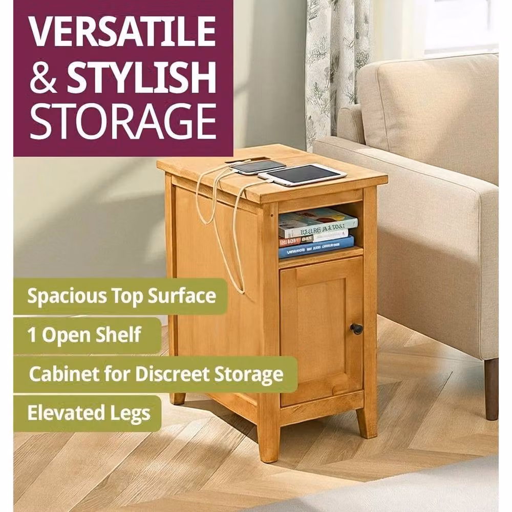 FORGEVIO Modern Oak Side Table with Power Sockets in Brown – 3