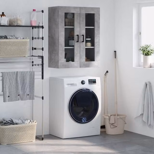 Berkfield Home Wall Mounted Cabinet in Concrete Grey with Glass Doors, W/D/H: 69.5 x 34 x 90 cm