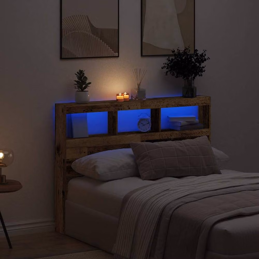 Berkfield Home Modern Headboard Cabinet with LED Lighting and USB Charging Port in Brown, W/D/H: 140 x 17 x 102 cm – 2
