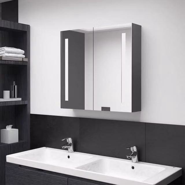 Berkfield Home Grey Glossy LED Bathroom Mirror Cabinet with Internal Shelves, W/D/H: 60 x 14 x 62 cm