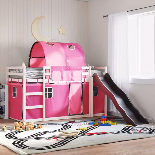 Berkfield Home Pink Solid Wood Childrens Bunk Bed with Slide and Curtains W/D/H: 90 x 200 cm – 1