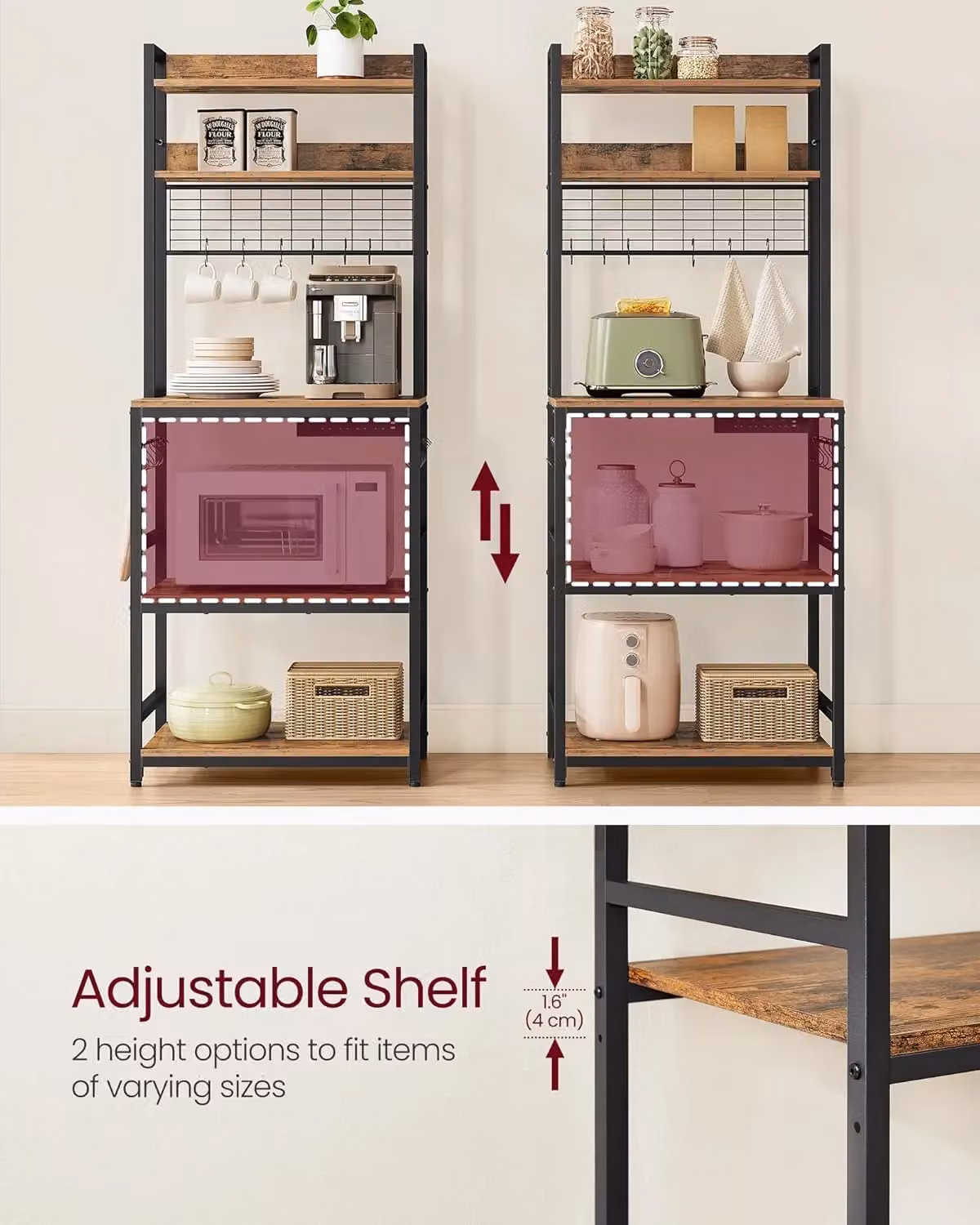 VASAGLE Compact Freestanding Kitchen Rack with Power Outlet and Adjustable Shelves in Brown – 4