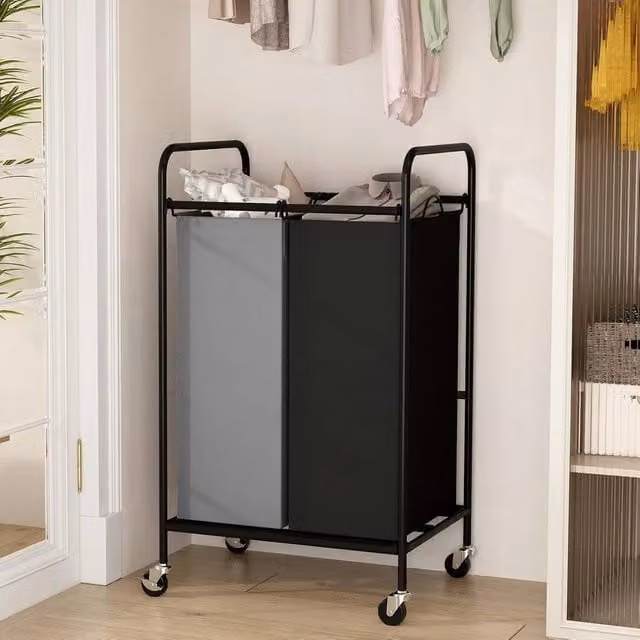 VOGREX 2 Section Laundry Sorter Cart with Removable Fabric Bags, 80L, Black