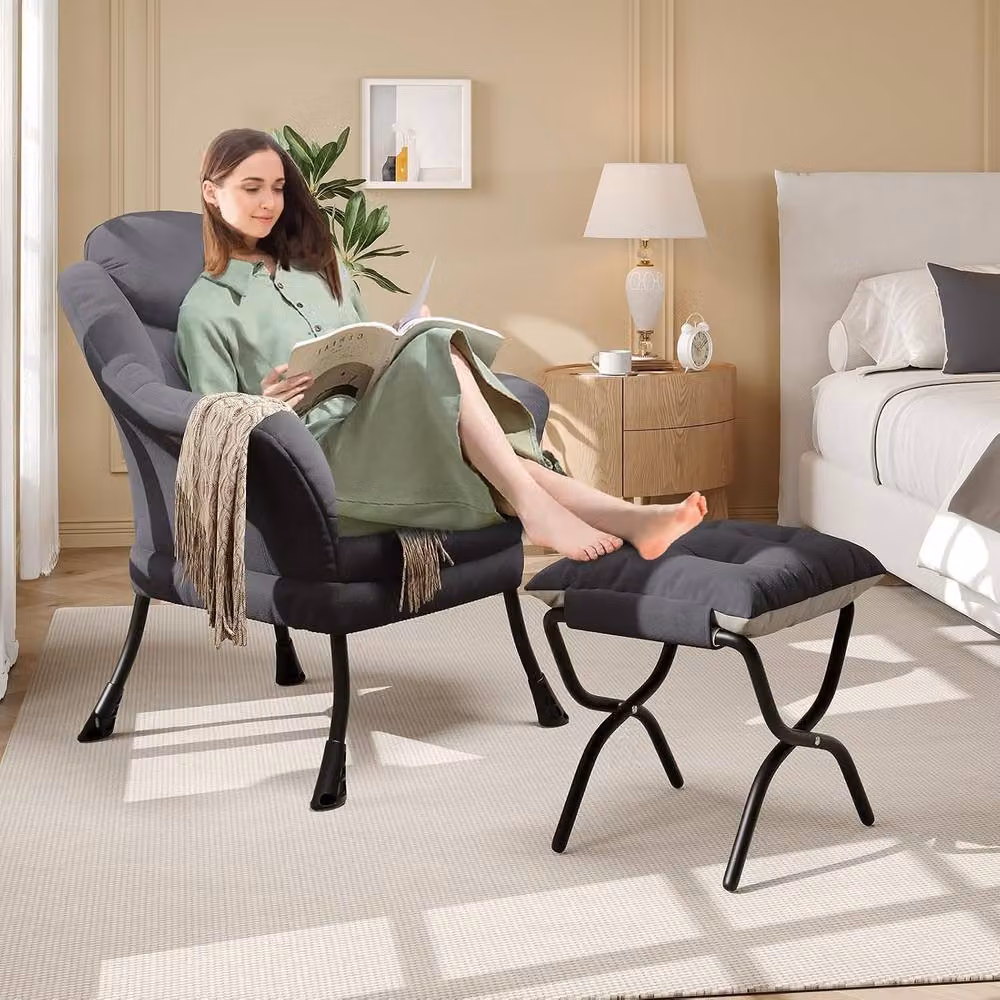 London Boutique Modern Grey Fabric Lounge Chair Set with Ottoman and Side Pocket – 4