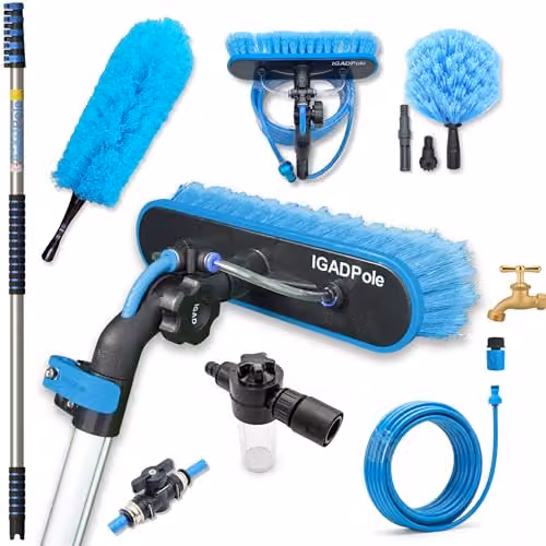 IGADPole 20ft Telescopic Water-Fed Solar Panel and Window Cleaning Pole Kit with Brush, Soap Dispenser, Cobweb and Feather Duster, Blue