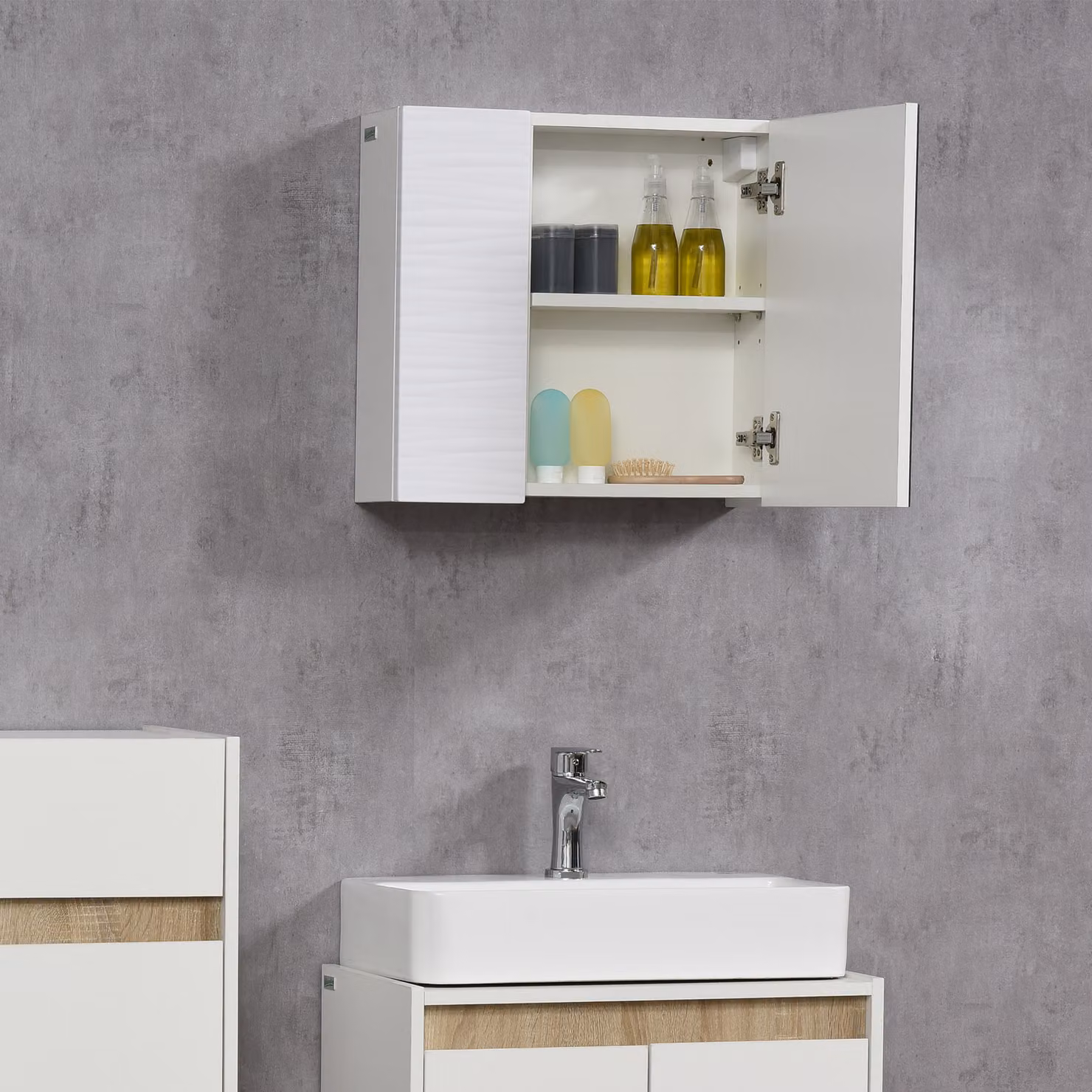 kleankin Wall-Mounted White Bathroom Mirror Cabinet with Double Hinged Soft-Close Doors and Internal Shelves – 2