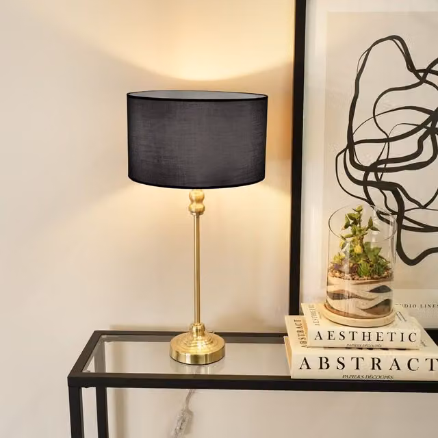 ValueLights Maggie Gold Metal Candlestick Table Lamp with Black Fabric Drum Shade and LED Bulb – 1