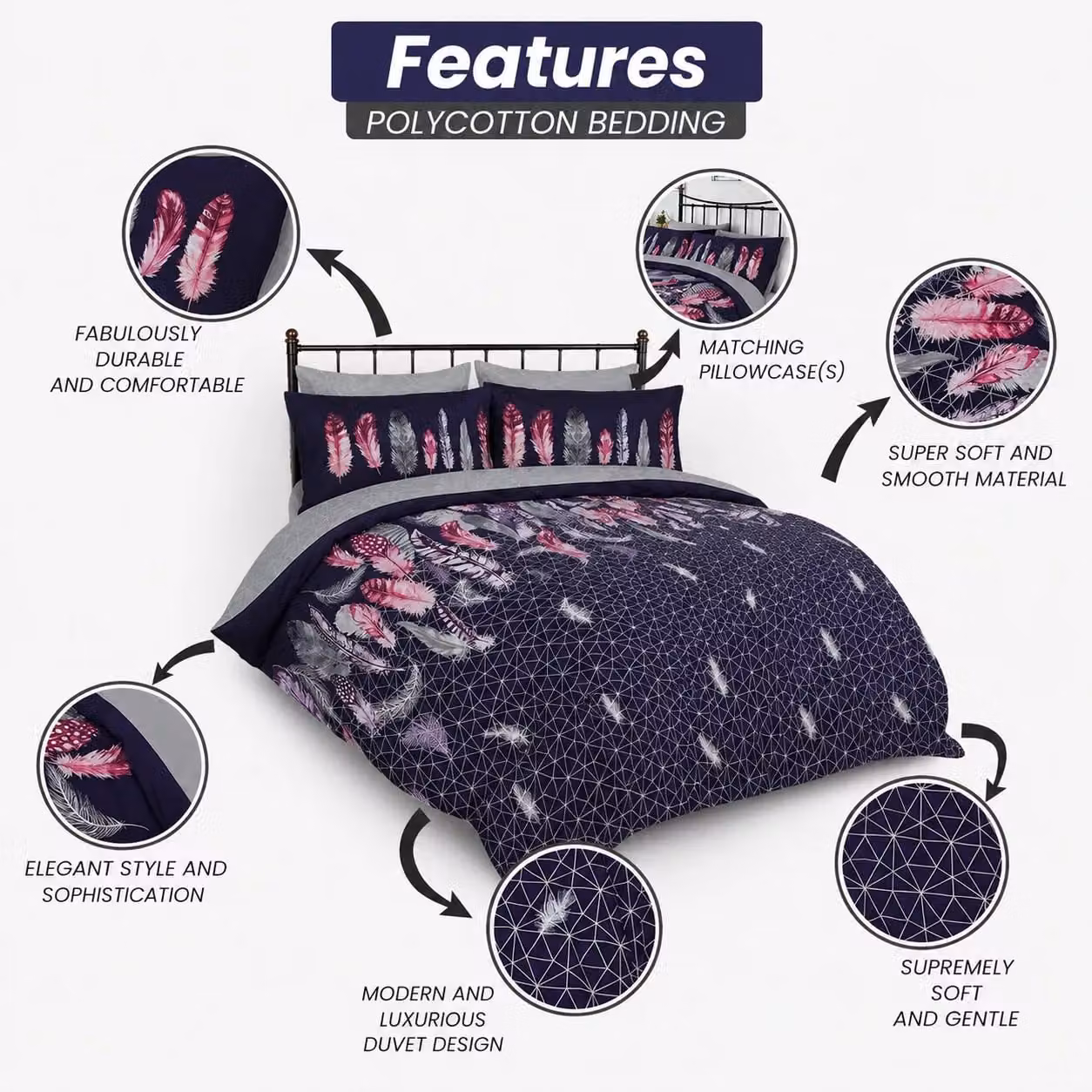 Smart Living Purple Printed Polycotton Duvet Cover and Pillowcases Set, W/D/H: 200 x 200 cm and 50 x 75 cm – 2