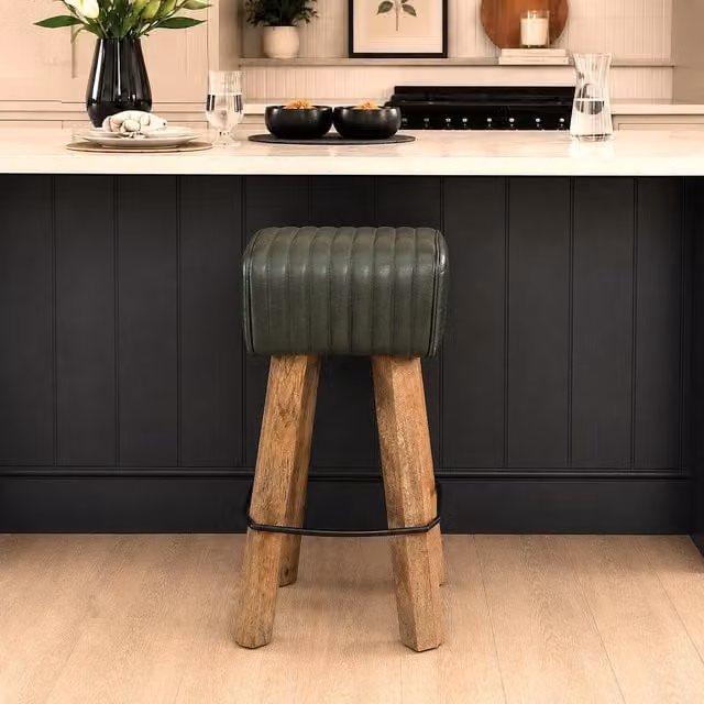 Elm Home And Garden Industrial Bar Stool with Green Leather Seat and Mango Wood and Metal Frame