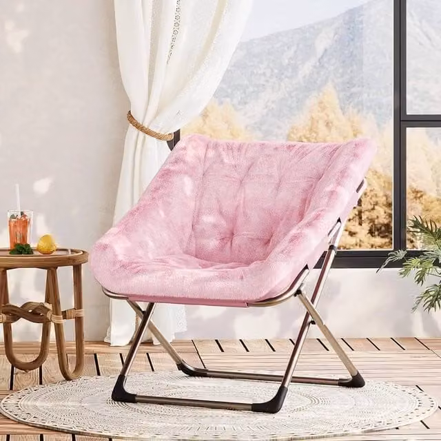 VOGREX Oversized Folding Saucer Accent Chair in Pink with Soft Faux Fur Fabric