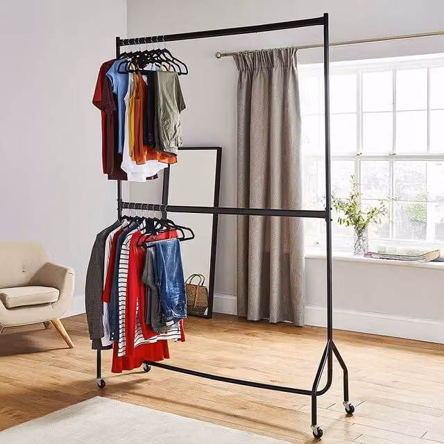 The House of Home Double Clothes Rail Two Tier Garment Hanging Rack in Black, H: 183 cm, W: 190 cm