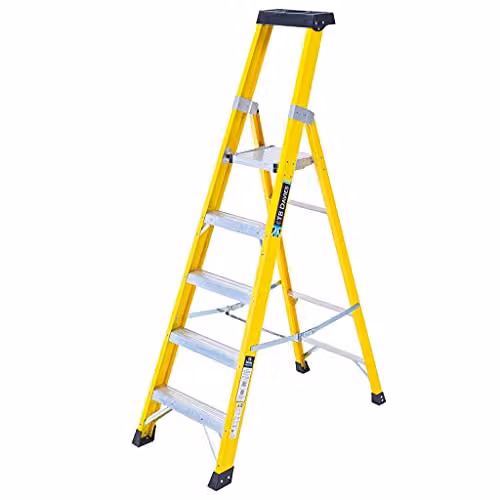 TB Davies Yellow GRP Fibreglass 5 Tread Platform Step Ladder with Tool Tray, 150kg Load Capacity, Platform Height: 1.2m