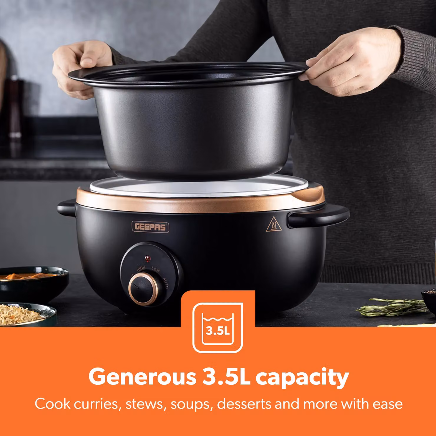 Geepas 3.5L Slow Cooker with Tempered Glass Lid and Keep Warm Function in Black and Gold – 3