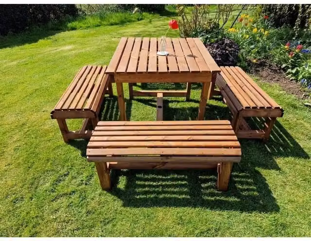 Churnet Valley Garden Furniture Ltd Contemporary 8 Seater Timber Table and Bench Set in Brown