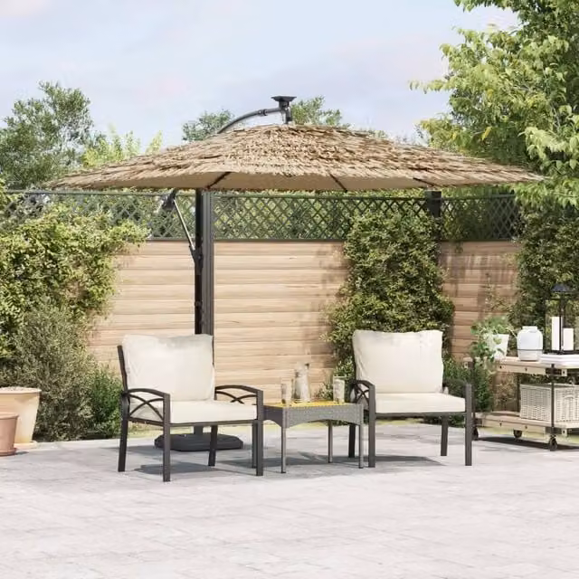 Berkfield Home Garden Parasol with LEDs and Steel Pole, Brown, W/D/H: 246 x 246 x 230 cm – 1