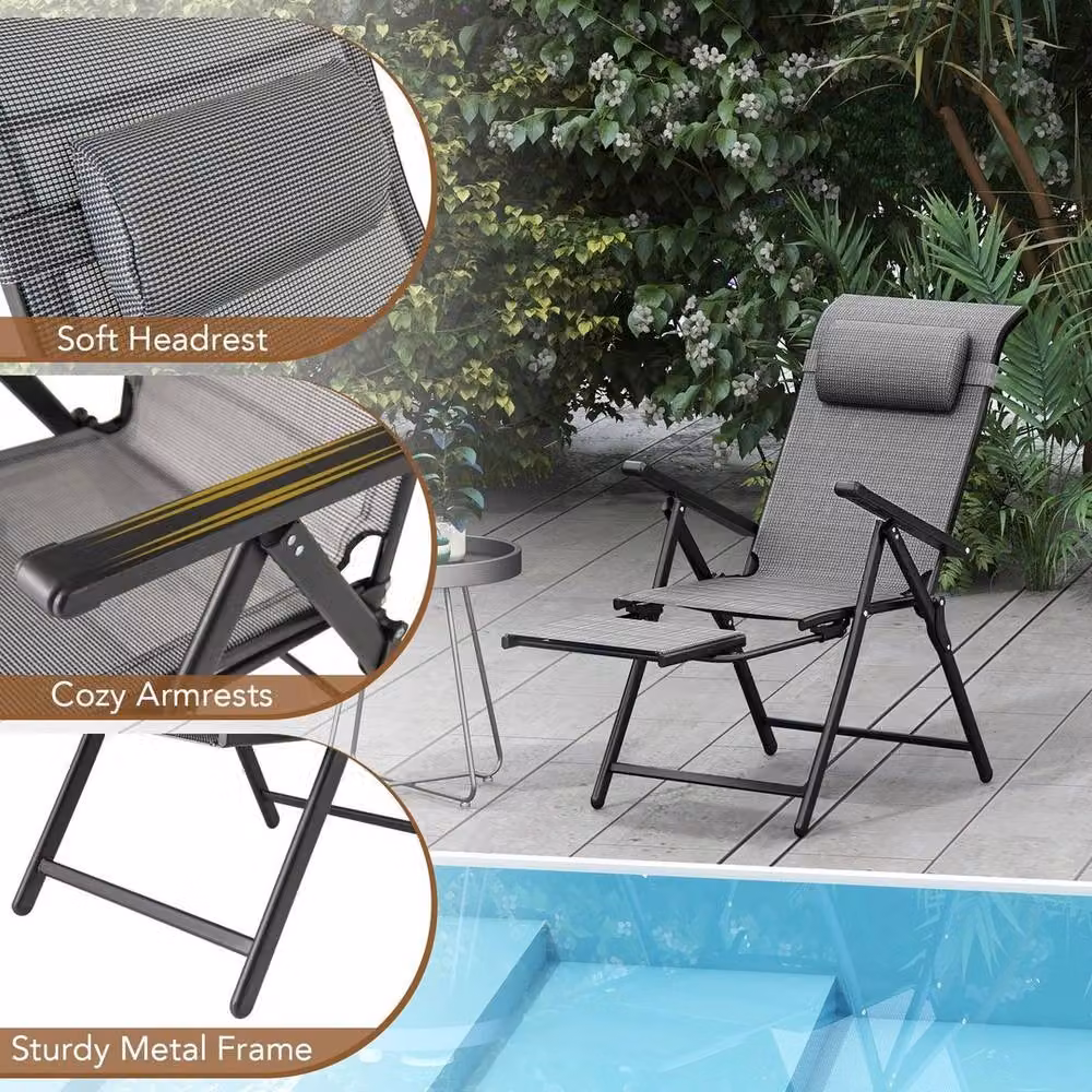 KORVIXA Set of 2 Grey Outdoor Recliner Chairs with Adjustable Headrest and Armrests, W/D/H: 100 x 100 x 100 cm – 3