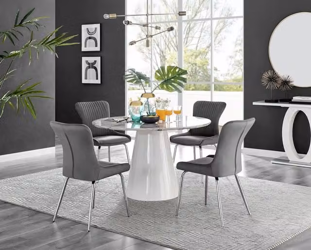 Furniturebox Palma White Marble Effect Round Dining Table and 4 Nora Silver Leg Chairs in Grey
