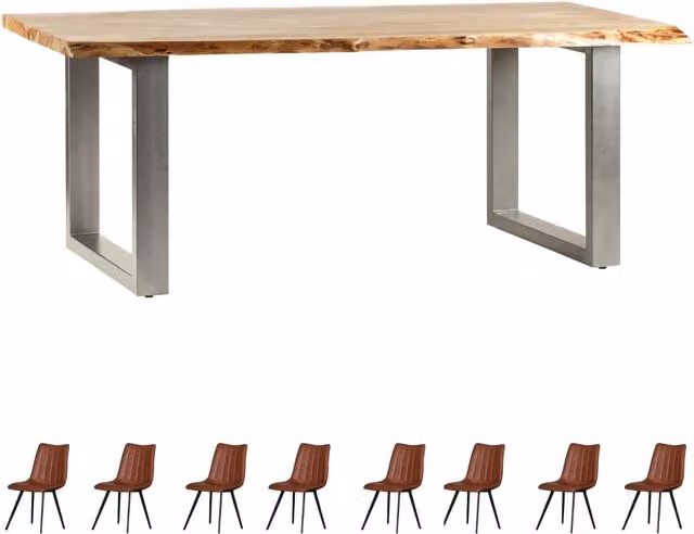 IH Design Modern Rectangular Acacia Wood Dining Table Set with 8 Chairs in Brown