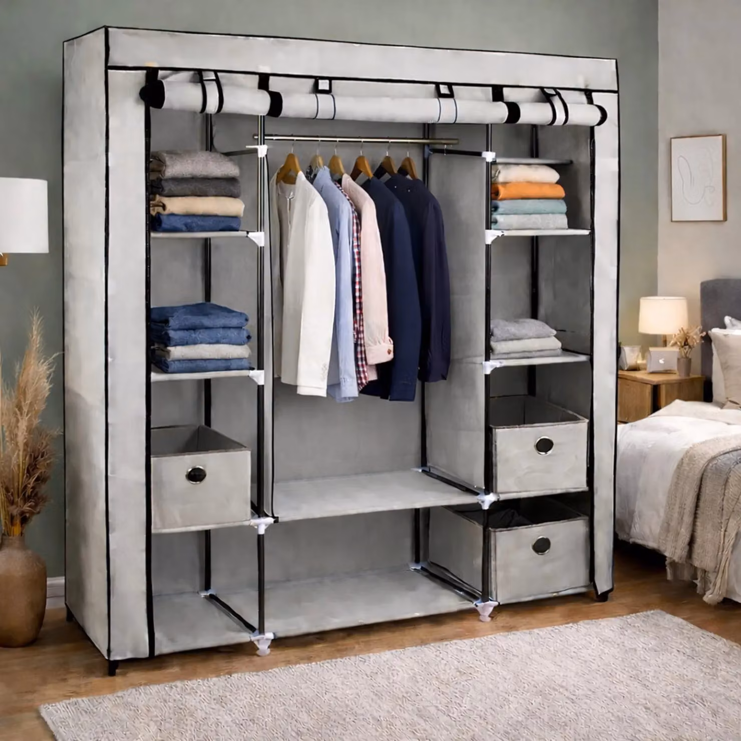 Gr8 Home Large Grey Fabric Wardrobe with Internal Shelves and Hanging Rod – 2