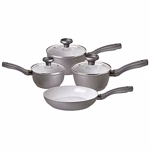 Meyer Prestige Earth Grey Ceramic Non-Stick Cookware Set of 4, including Saucepan and Frying Pan, Induction Ready, Made in Italy