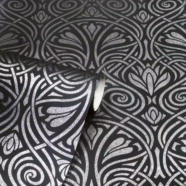 Arthouse Abstract Floral Classic Vinyl Wallpaper in Black, Silver and Grey