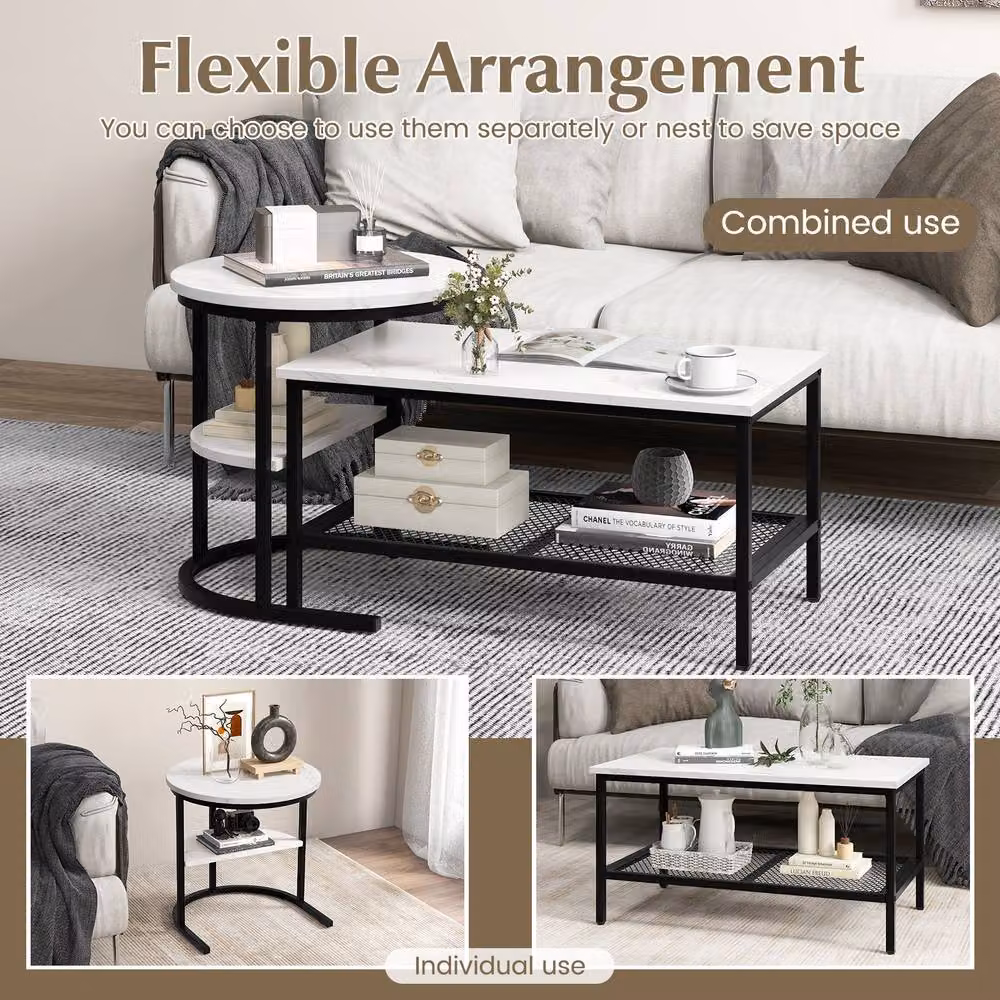 CASART Set of 2 Nesting Coffee and Side Tables with Black Faux Marble Effect Tops – 4