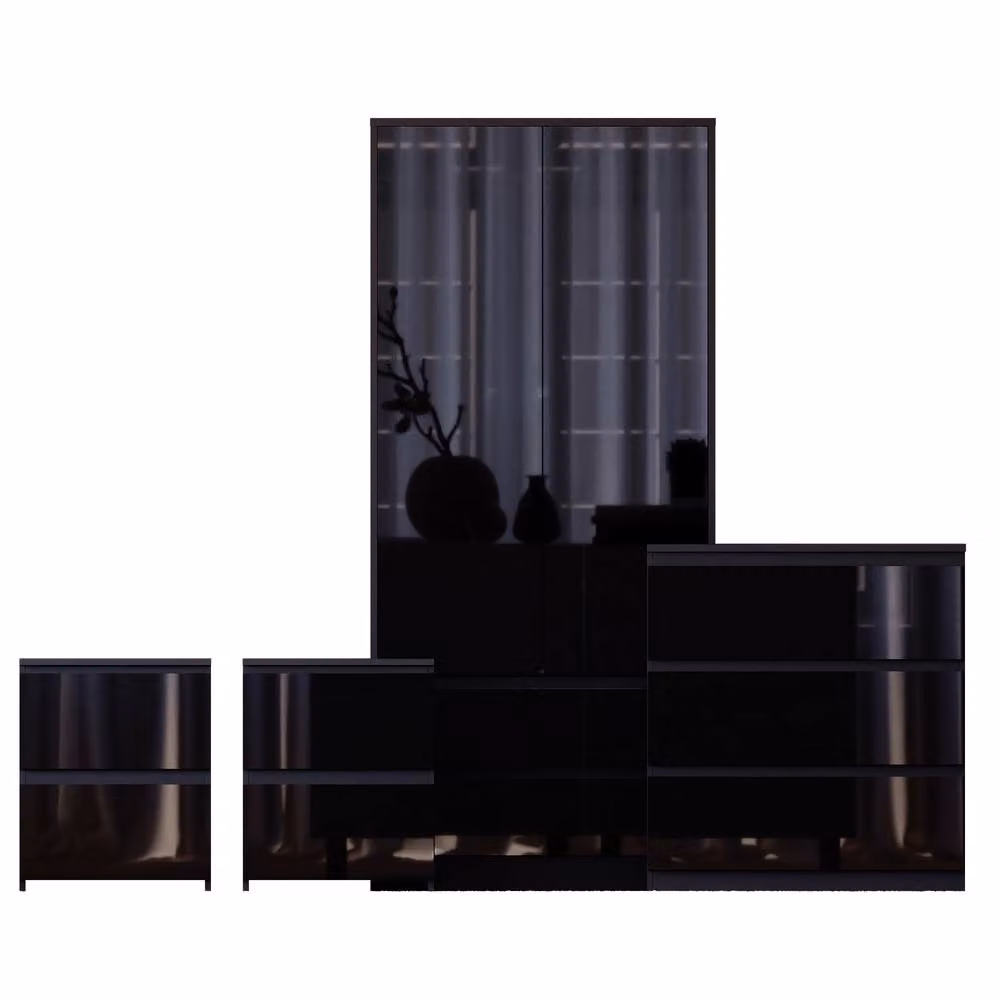 Vida Designs Glinton 4 Piece Black Glossy Bedroom Set Including 2 Bedside Tables, 3 Drawer Chest and Wardrobe – 2