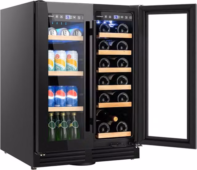 Costway Dual Zone Double Door Beverage Fridge with Compressor and Glass Doors, Black