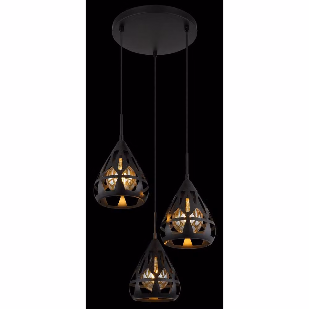Globo Lighting Modern Black Round Metal Pendant Light with 3 E27 Bulbs, W/D/H: 41 x 41 x 120 cm – 3