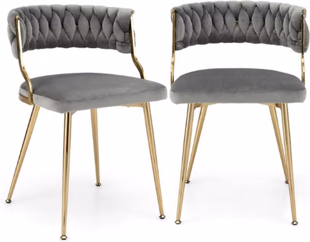 Set of 2 Costway Modern Upholstered Kitchen Chairs with Woven Fabric Backrest and Metal Legs in Grey and Gold