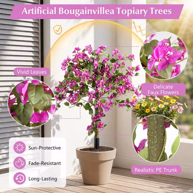 Set of 2 Pink Bougainvillea Artificial Tabletop Trees by COSTWAY