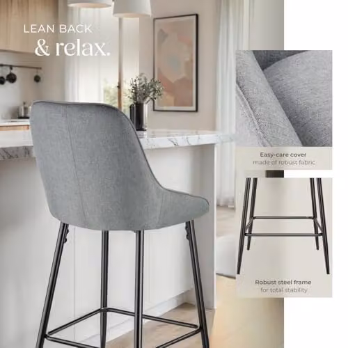tectake Set of 2 Siera Bar Stools with Woven Fabric and Velvet Padding in Grey and Black – 5