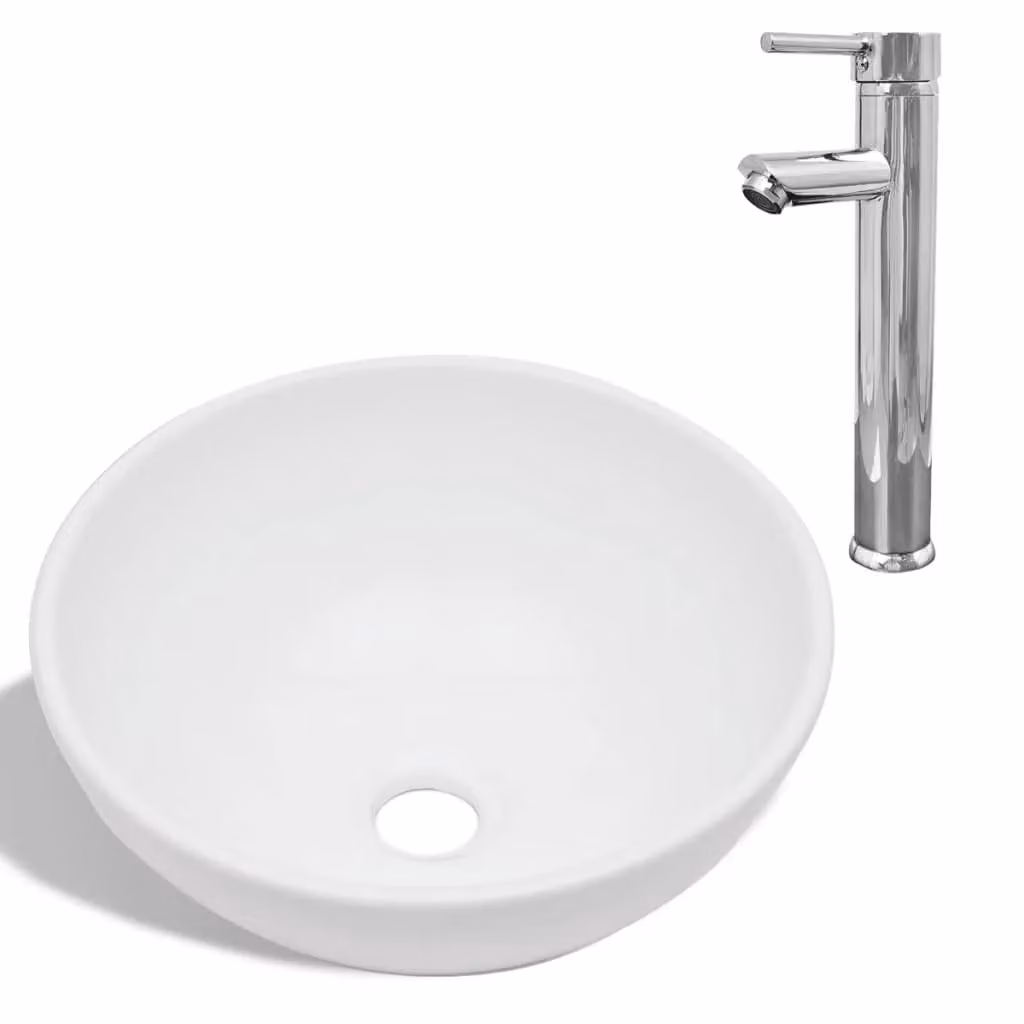 Berkfield Home Round Ceramic Bathroom Basin with Mixer Tap in White – 2
