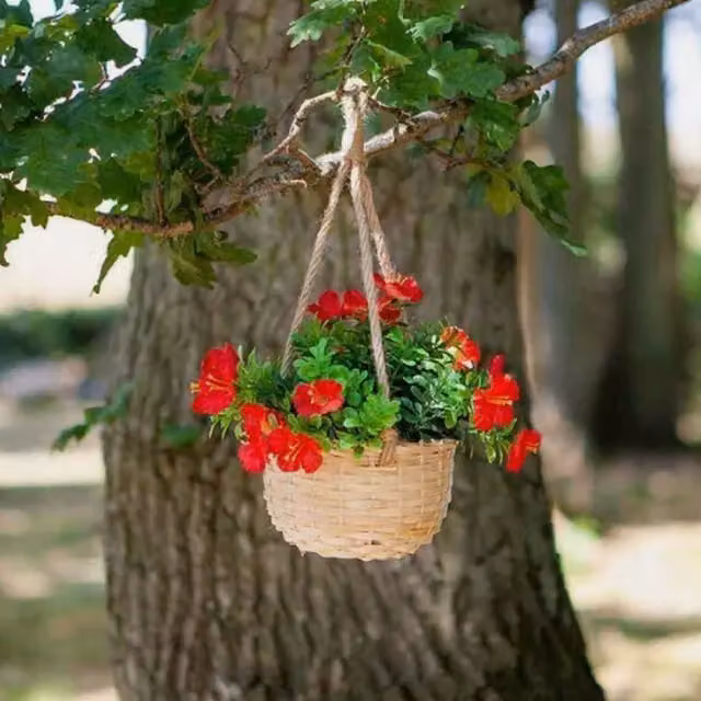 Garden Mile Hanging Artificial Mixed Floral Blossom Basket in Brown, Red and Green