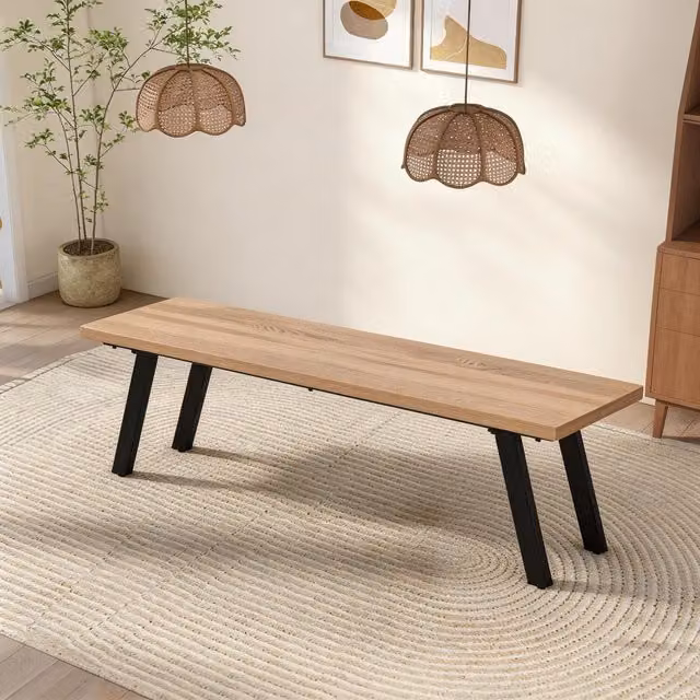 Furniture One Brown Metal and Wood Straight Dining Bench for Kitchen and Dining Room, W/D/H: 140 x 40 x 44 cm