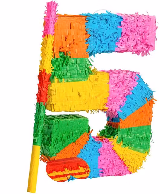 Fax Potato Number 5 Cardboard Pinata Set with Stick and Blindfold in Multicolour and Yellow