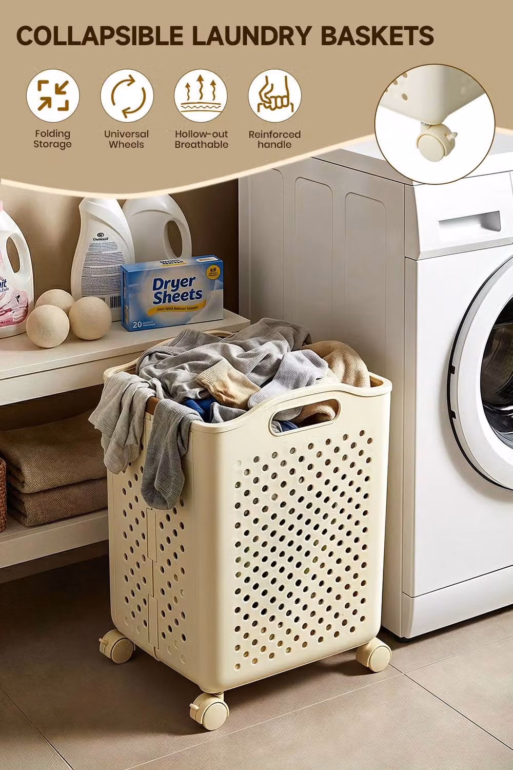 Garden Sanctuary Foldable Plastic Laundry Basket with Wheels in Beige – 3