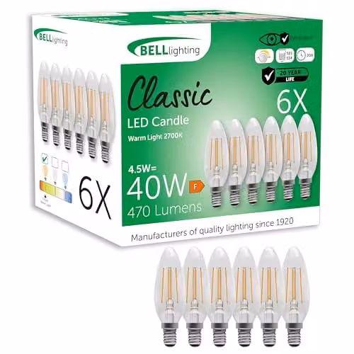 BELL Lighting E14 Dimmable LED Filament Candle Bulbs, Warm White, 4.5W, Pack of 6
