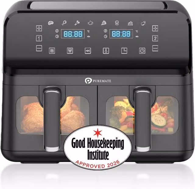 PureMate 9L Dual Air Fryer in Black with Digital Display, 2500W Dual Zone Cooking, Timer and Dishwasher Safe Parts – 9