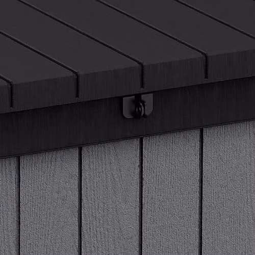 Keter Darwin 454L Outdoor Storage Box and Bench in Grey, Weatherproof Wood-Effect Composite Garden Deck Box with Hydraulic Lid – 3