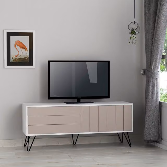Decortie Modern Picadilly TV Stand in White, Grey and Brown with Metal Accents