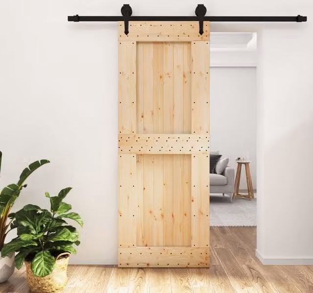 Berkfield Home Rustic Solid Wood Pine Sliding Door with Hardware Set in Brown, W: 80 cm, H: 210 cm – 1
