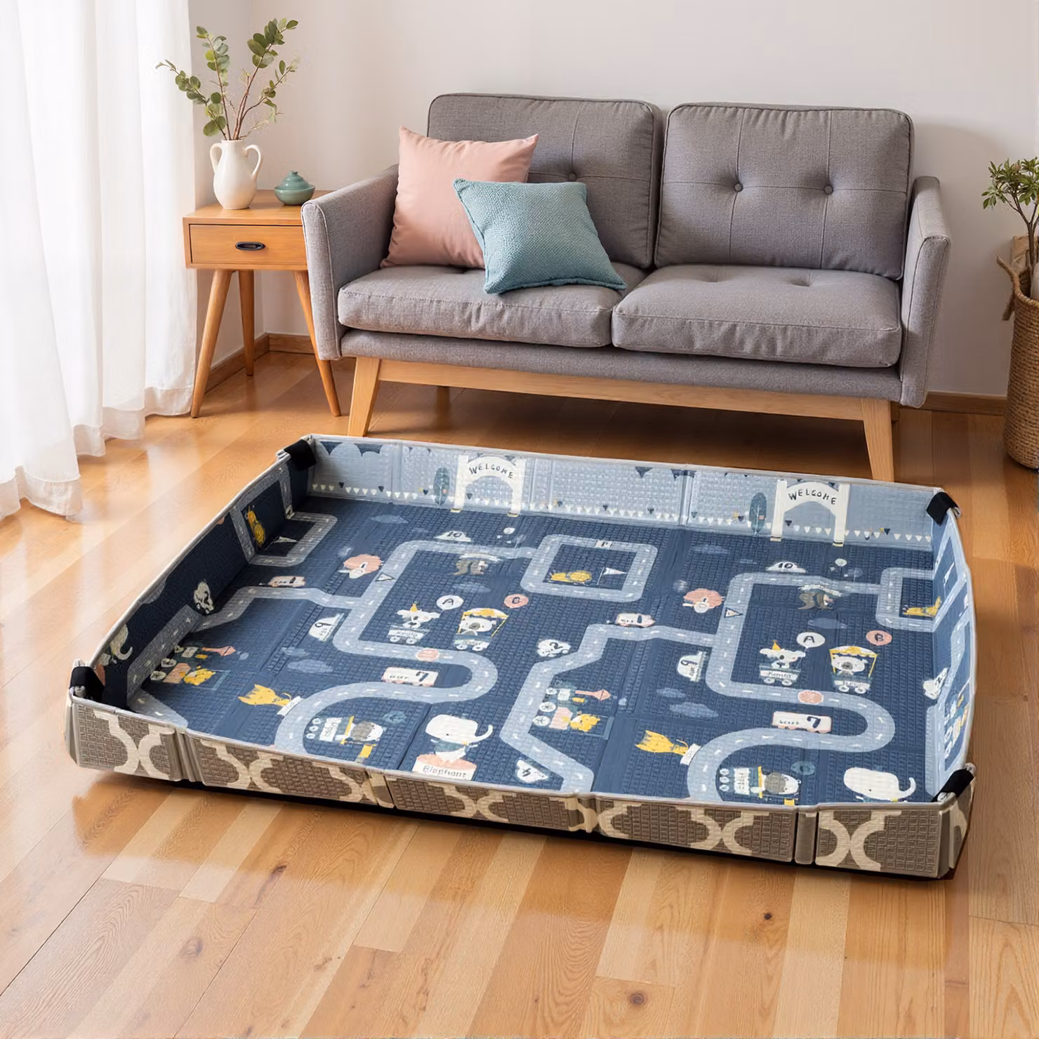 AIYAPLAY Foldable Reversible Foam Baby Play Mat and Playpen in Grey Diamond and Traffic Theme – 5