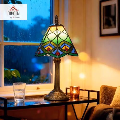 HOMCOM Tiffany-Style Table Lamp with Geometric Glass Patterns in Green and Bronze, E27 Socket – 2