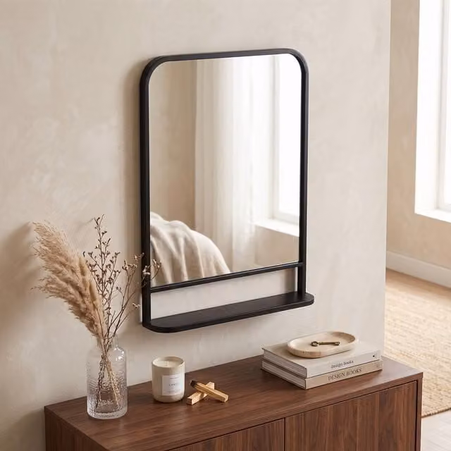 HOMCOM Black Rectangular Wall Mirror with Storage Shelf – 1