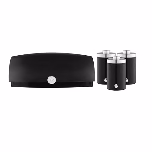 Swan Townhouse Bread Bin with 16L Capacity and Set of 3 Airtight Storage Canisters, 1.3L Each, Black – 1