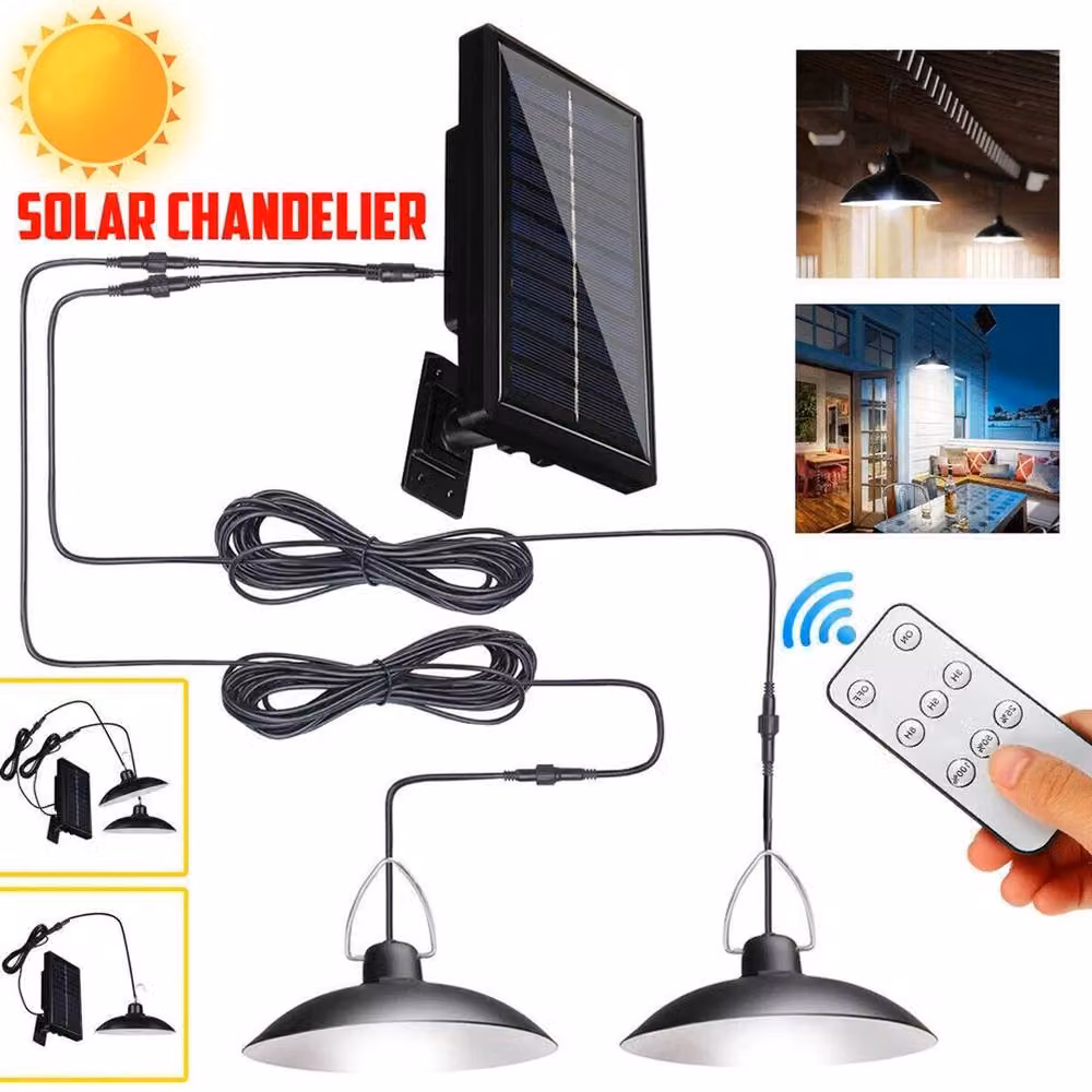 KORVIXA 2-Piece Set of 2-Head LED Solar Powered Pendant Hanging Lights in Black – 2