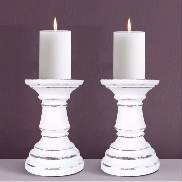 Topfurnishing Set of 2 Rustic Antique Carved Wooden Pillar Candle Holders in White, W/D/H: 10 x 10 x 13 cm