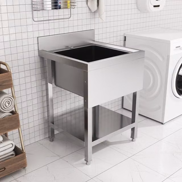 Livingandhome Freestanding Kitchen Sink Unit with Storage Shelf and Splashback in Silver Metal
